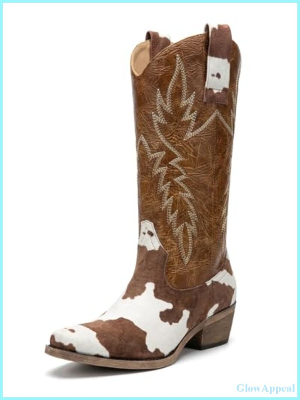 Faux Leather Cow Print Knee-High Western Boots Pointed Toe Low Heel